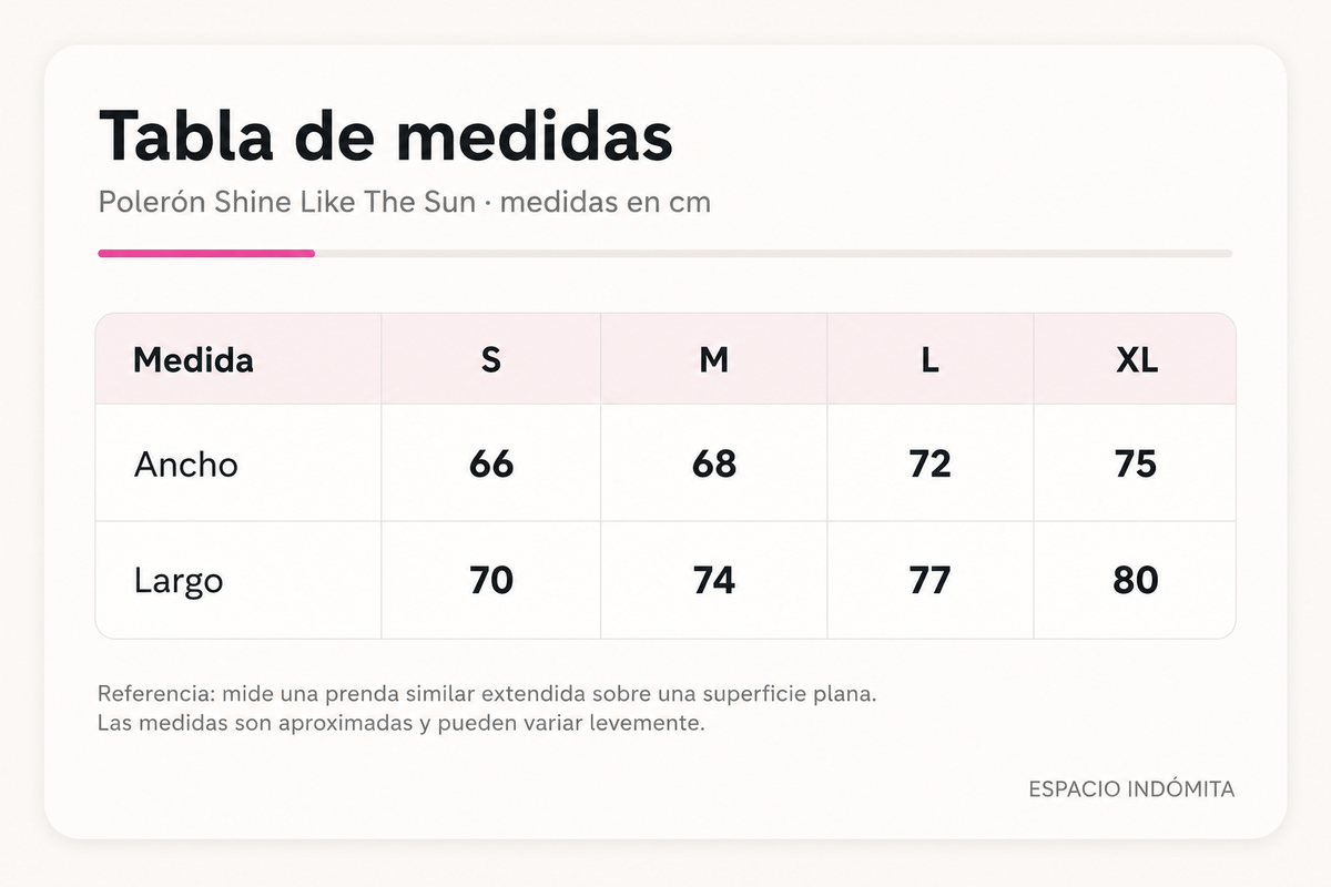 Tabla de medidas Polerón Shine Like The Sun Celeste