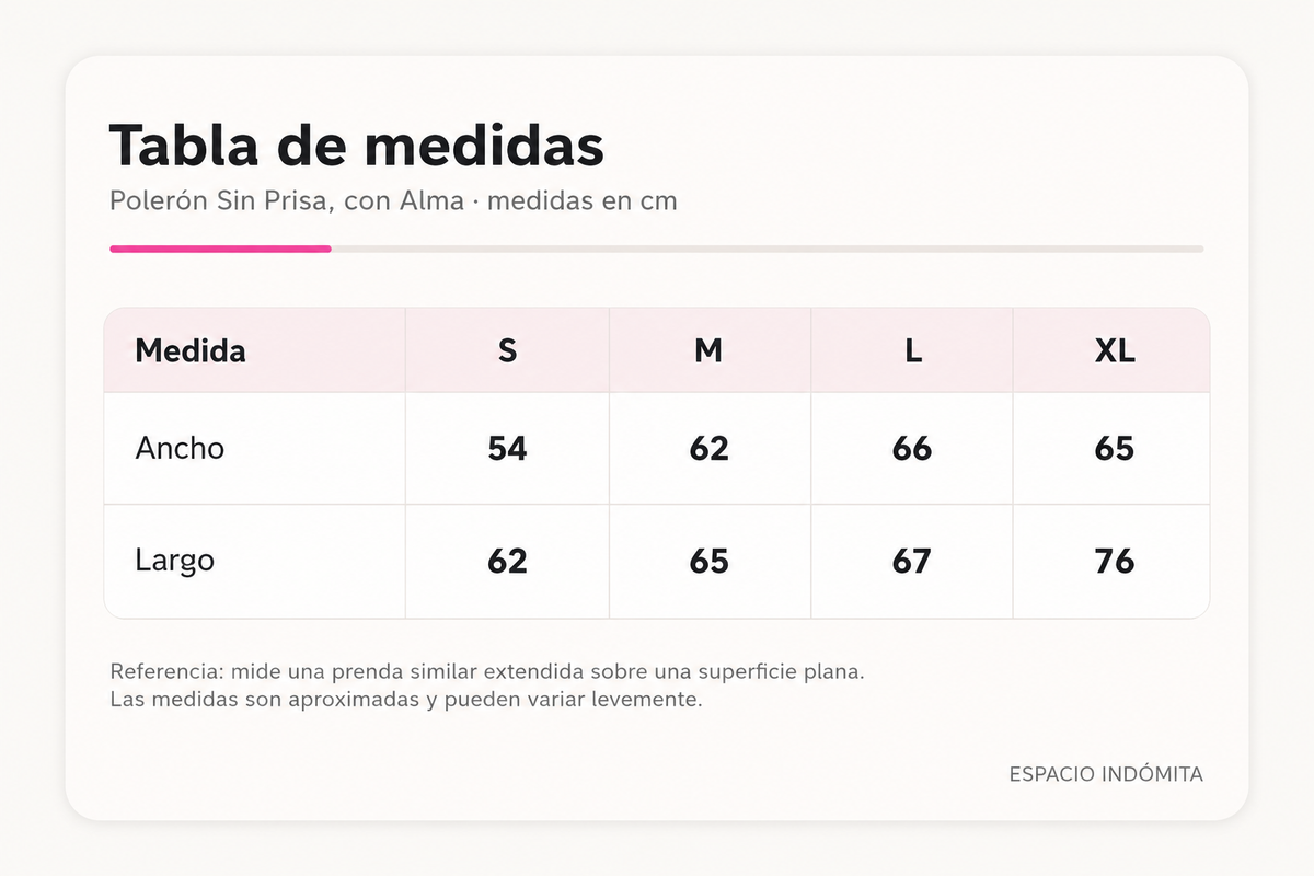 Tabla de medidas Polerón Sin Prisa, con Alma Beige