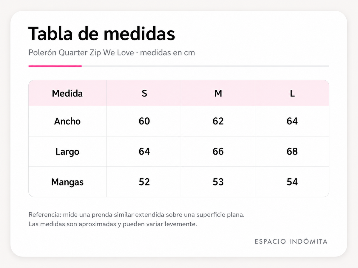 Tabla de medidas Polerón Quarter Zip We Love Blanco