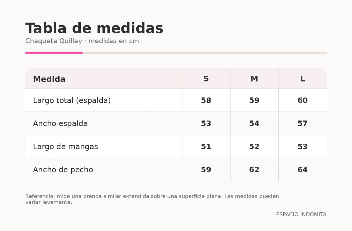 Tabla de medidas Chaqueta Quillay Camel